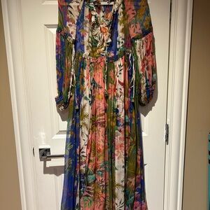 Zimmermann Vibrant Floral Long Sleeve Dress Tropicana Lantern Midi Silk Size 0